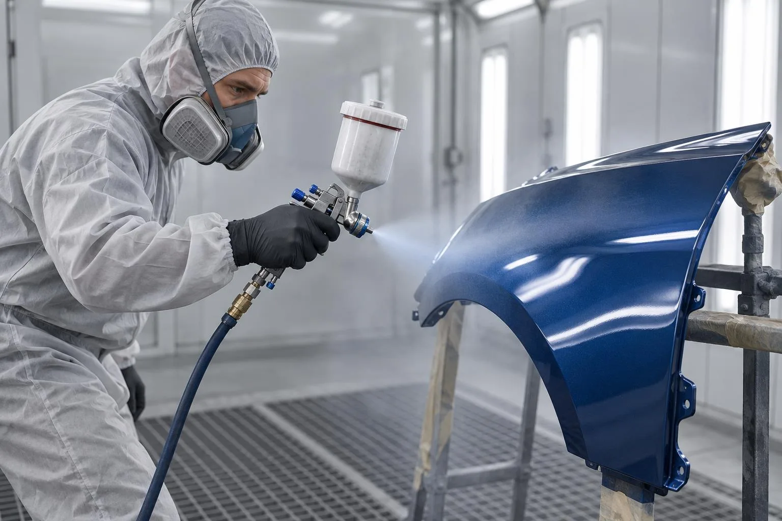 Fachkraft lackiert ein vorbereitetes Karosserieteil in einer Lackierkabine